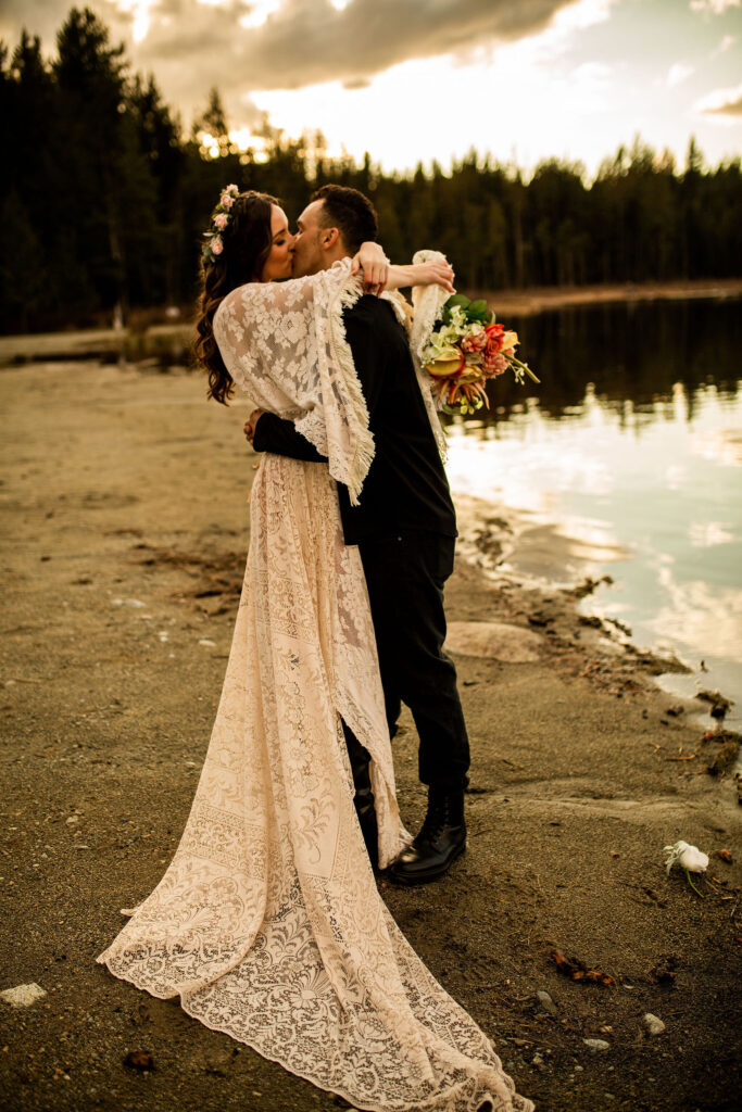 Passionate kiss during a Whonnock Lake wedding editorial shoot