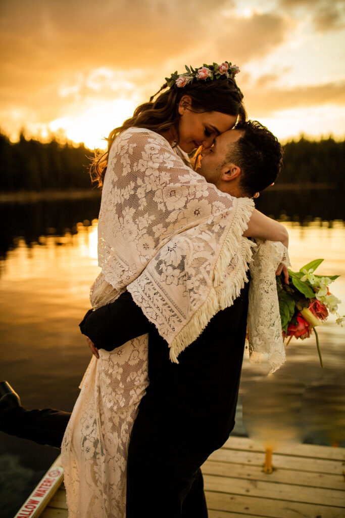 Blazing sun behind a couple during a Whonnock Lake wedding editorial shoot