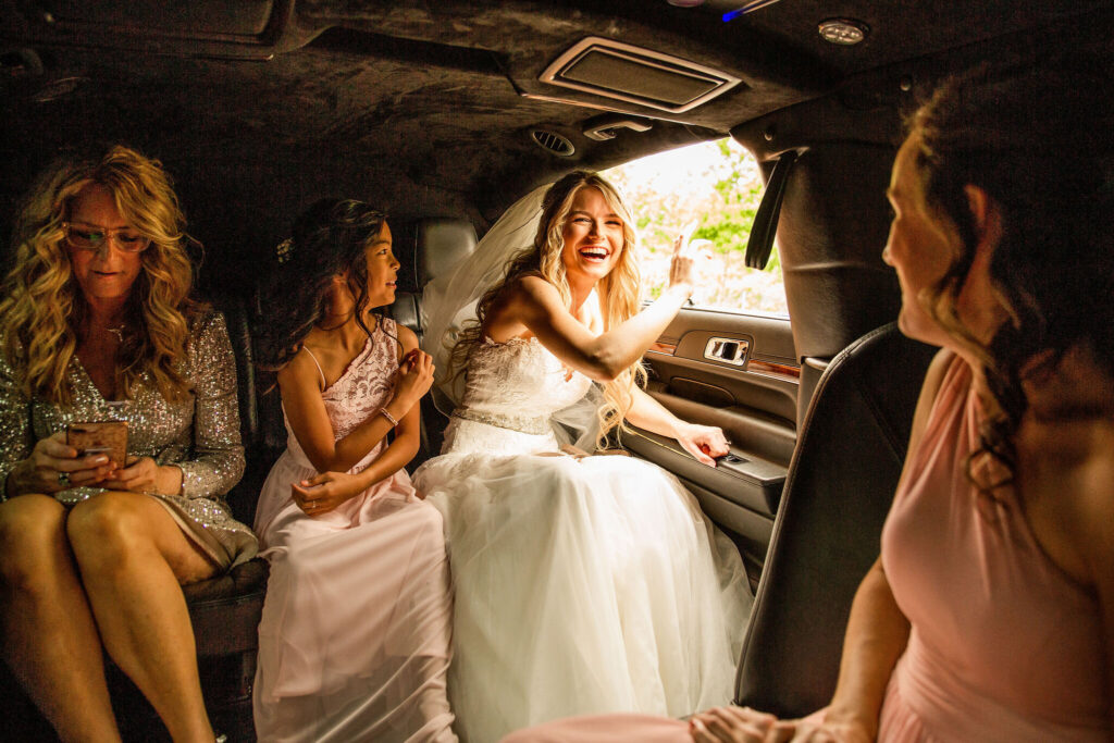 Bride in limo going to her Redwoods Golf Course Wedding