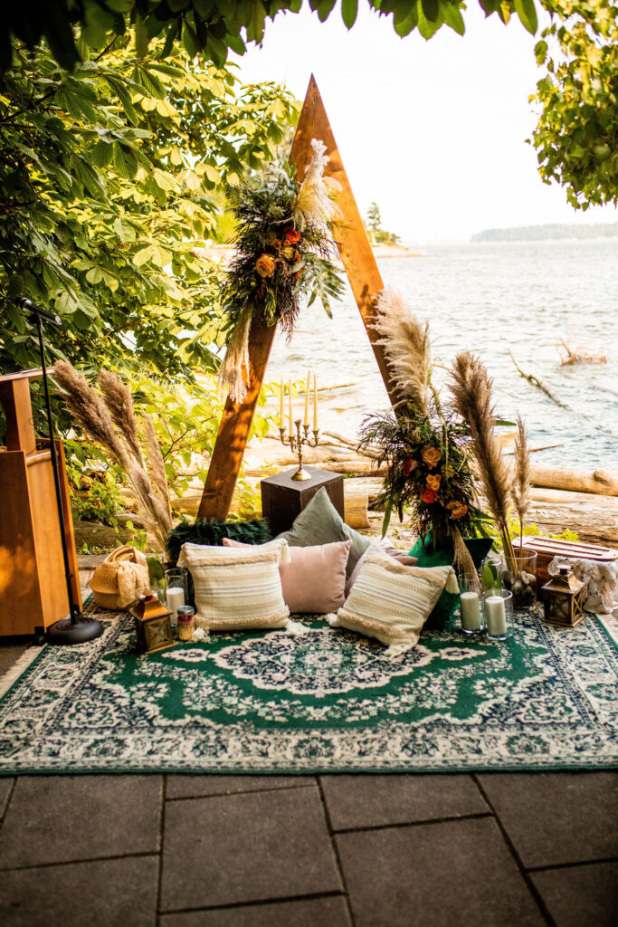 Set up for a bohemian wedding in Vancouver BC
