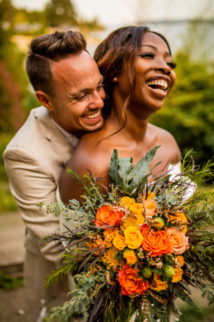 Stunning portrait of newlyweds at their Bohemian wedding in Vancouver BC