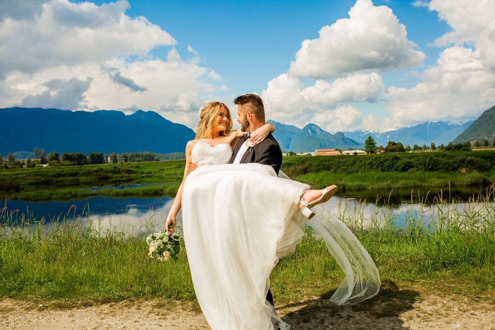 Bridal portrait session in BC with mountain backdrop