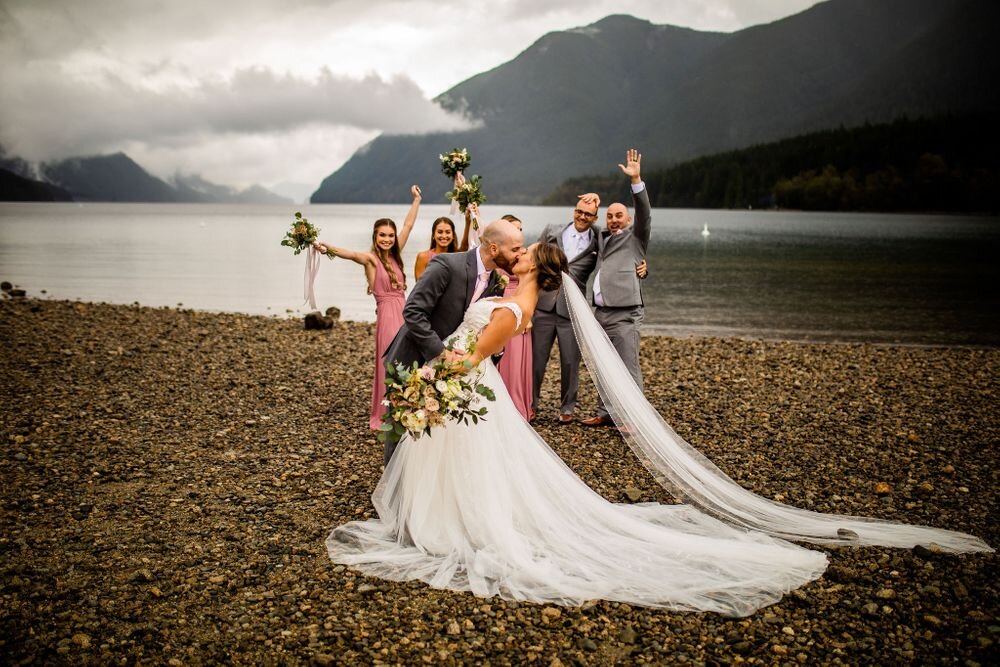 golden ears provincial park BC group portrait with newlyweds