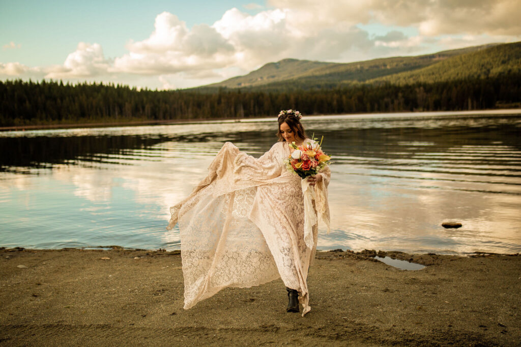Bride on a Whonnock Lake wedding editorial shoot