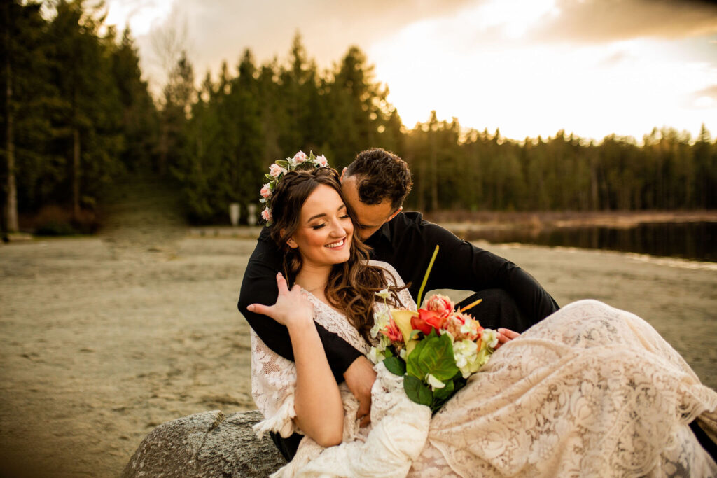 Groom hugging bride on a Whonnock Lake wedding editorial shoot