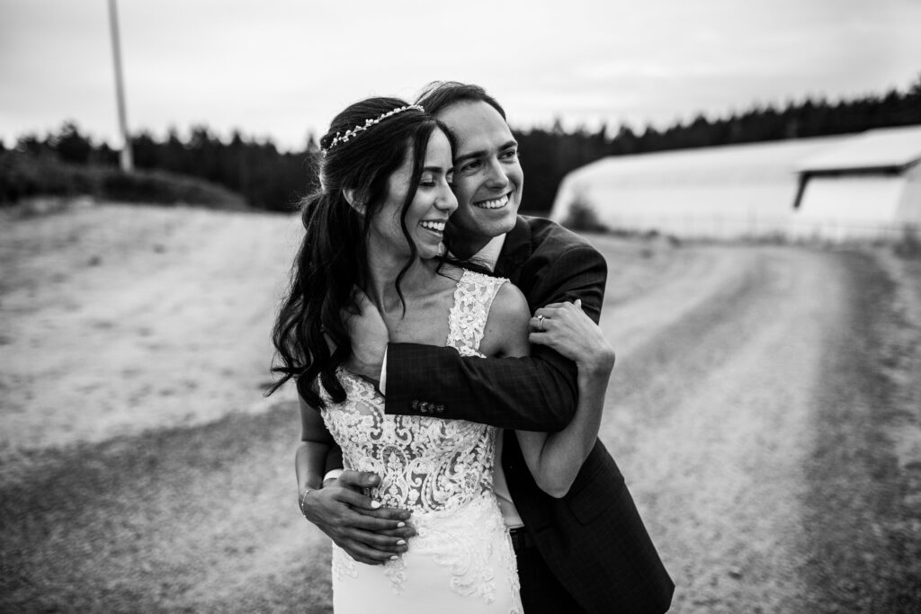 Black and white photo of newlywedsVancouver Island Wedding At Enrico Winery