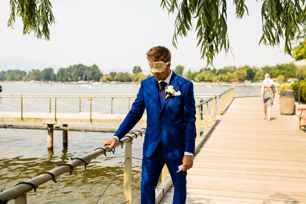 Groom blindfolded at his Kelowna wedding
