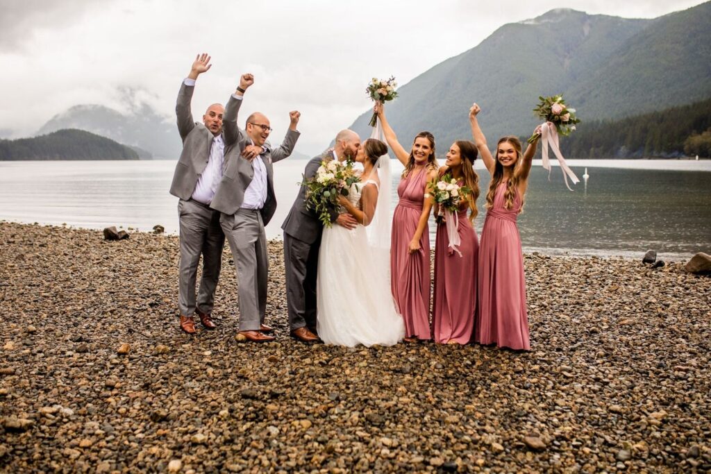 Group portrait with bride and groom in Golden Ears Provincial Park BC