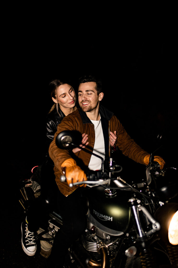 Couple on a motorcycle during their engagement shoot in Vancouver