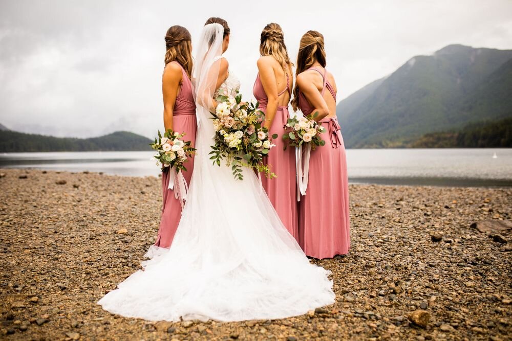 Bride and her bridesmaids at golden ears provincial park BC