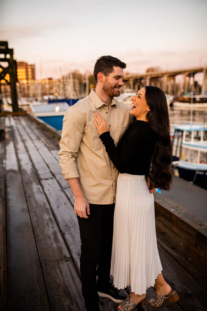 Couples portraits during an engagement shoot in Vancouver on the water